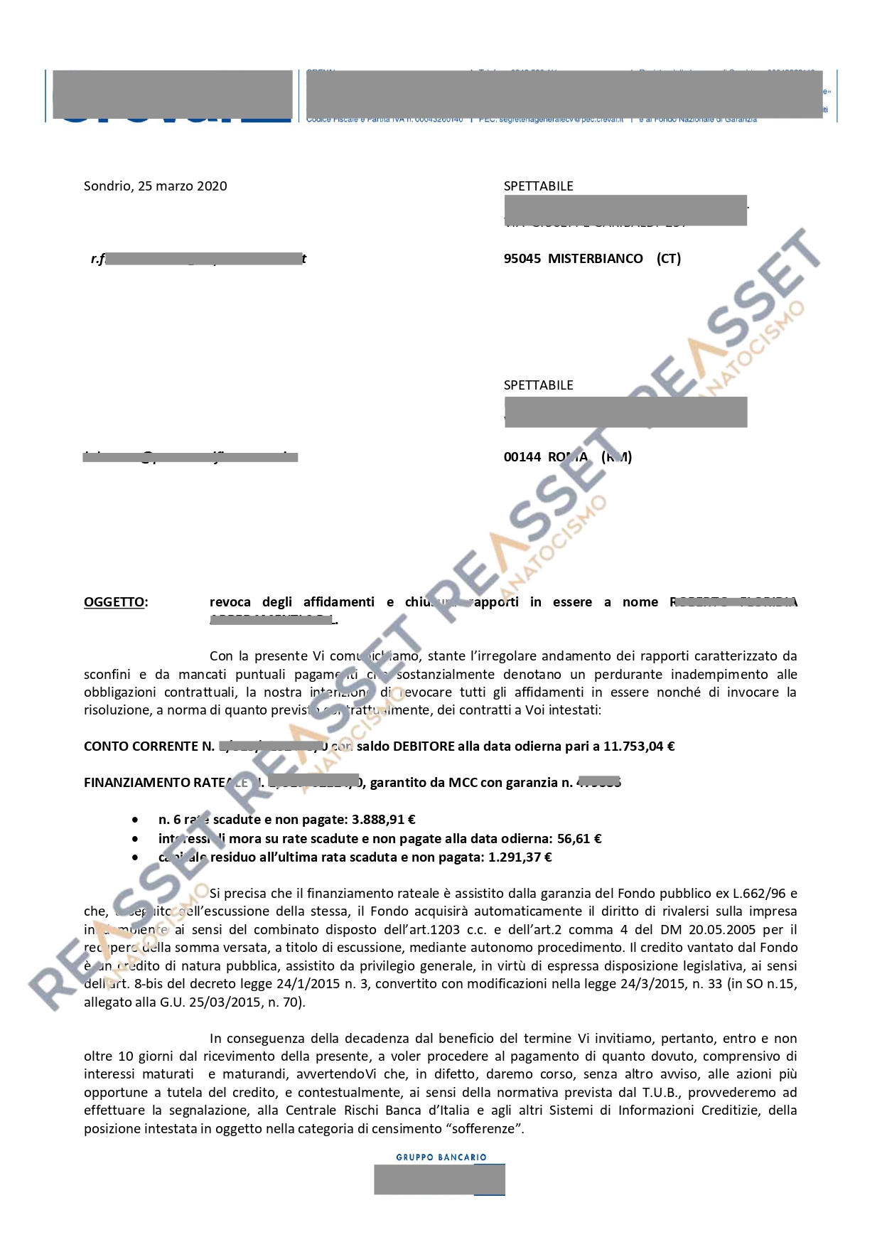 Documento sulla revoca dei fidi